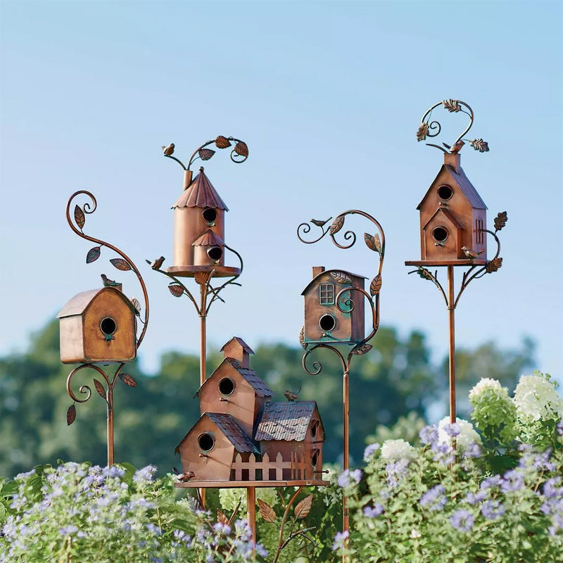 Rustic Metal Birdhouse Garden Stakes for Outdoor Decor