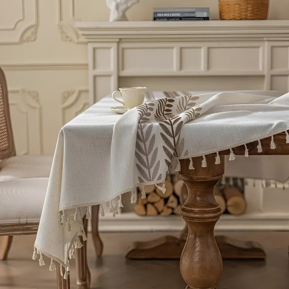 Embroidered Leaf Tablecloth with Tassel Edges