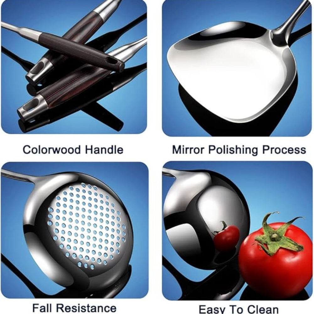 Stainless Steel Wooden Utensil Set with Ergonomic Handles - 6 Pieces