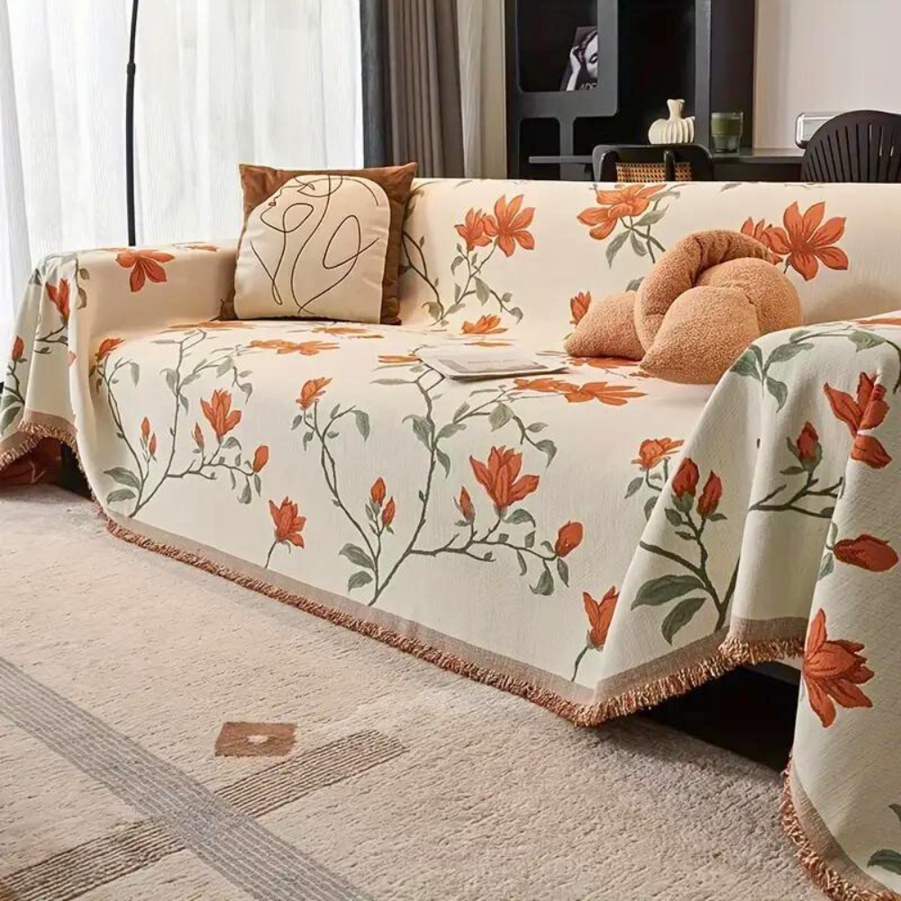 Vintage Floral Chenille Sofa Protector with Tassels
