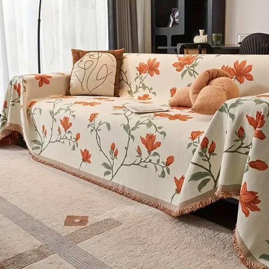 Vintage Floral Chenille Sofa Protector with Tassels