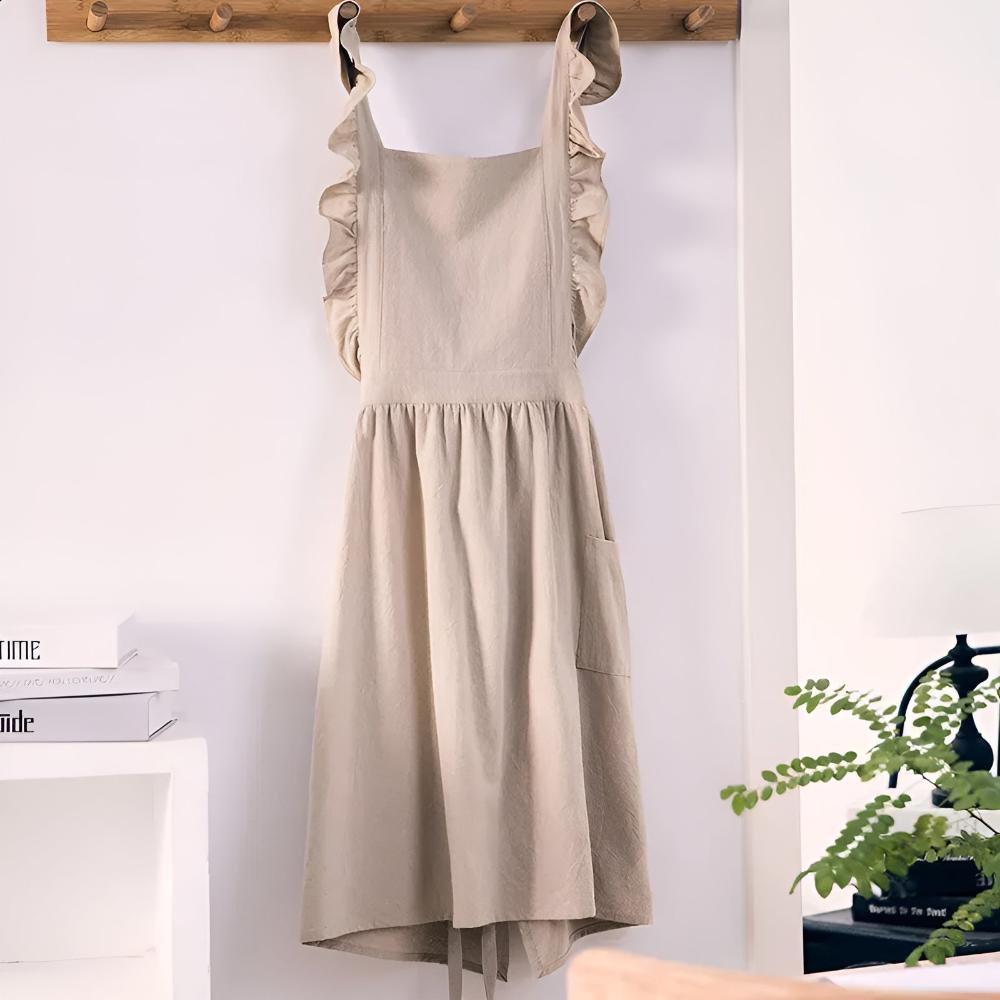 Lotus Leaf Lace Cotton-Linen Apron with Pockets