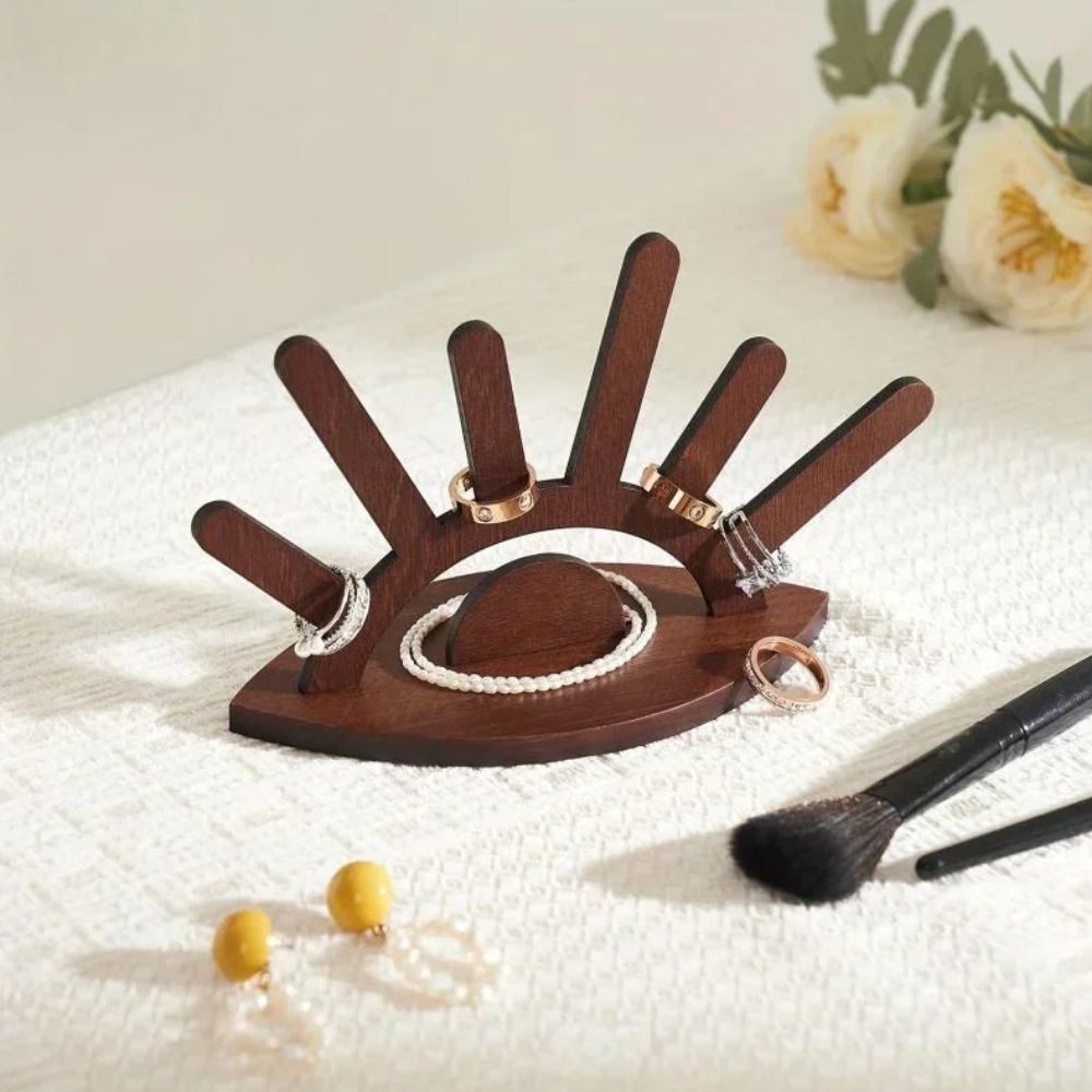 Stylish Wooden Jewelry Rack with Six Ring Columns