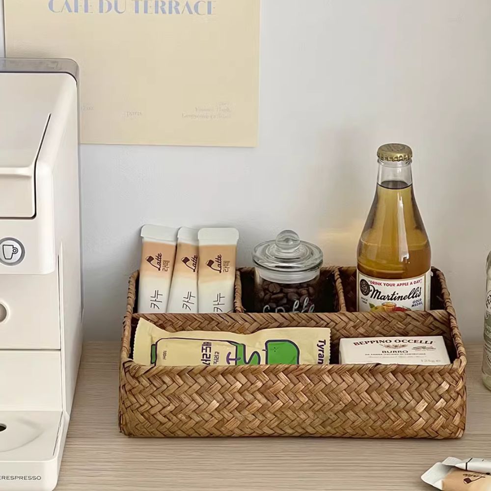Handwoven Rattan Storage Organizer with Multiple Compartments