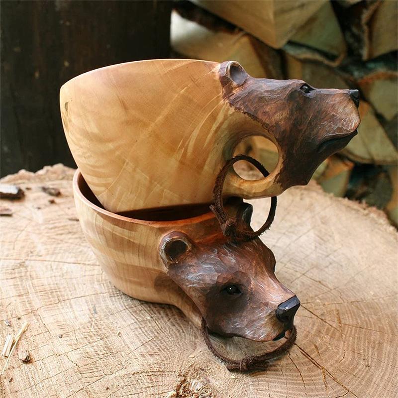 Hand-Carved Wooden Camping Mug with Leather Strap