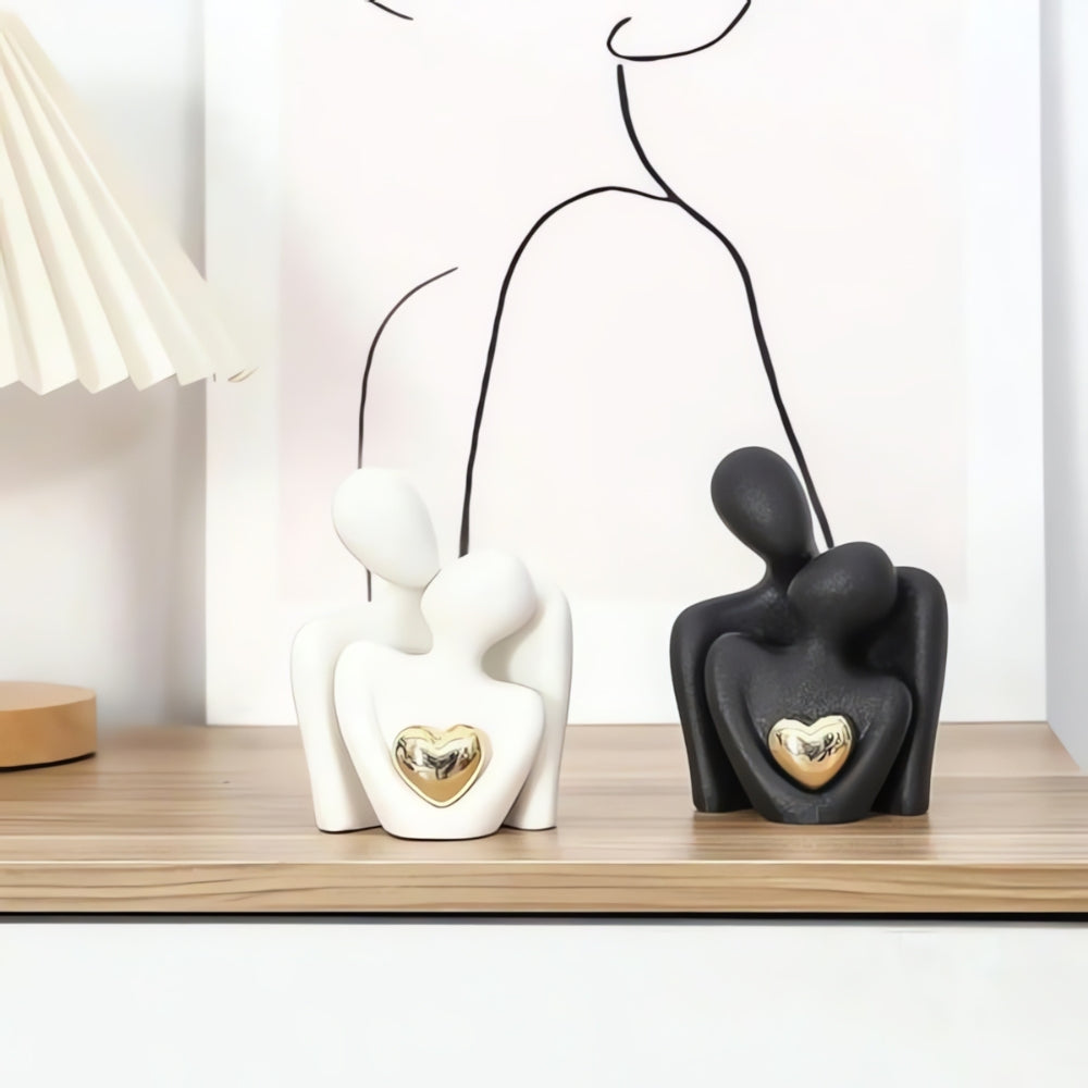 Abstract Lovers Figurine with Golden Heart - Modern Resin Sculpture