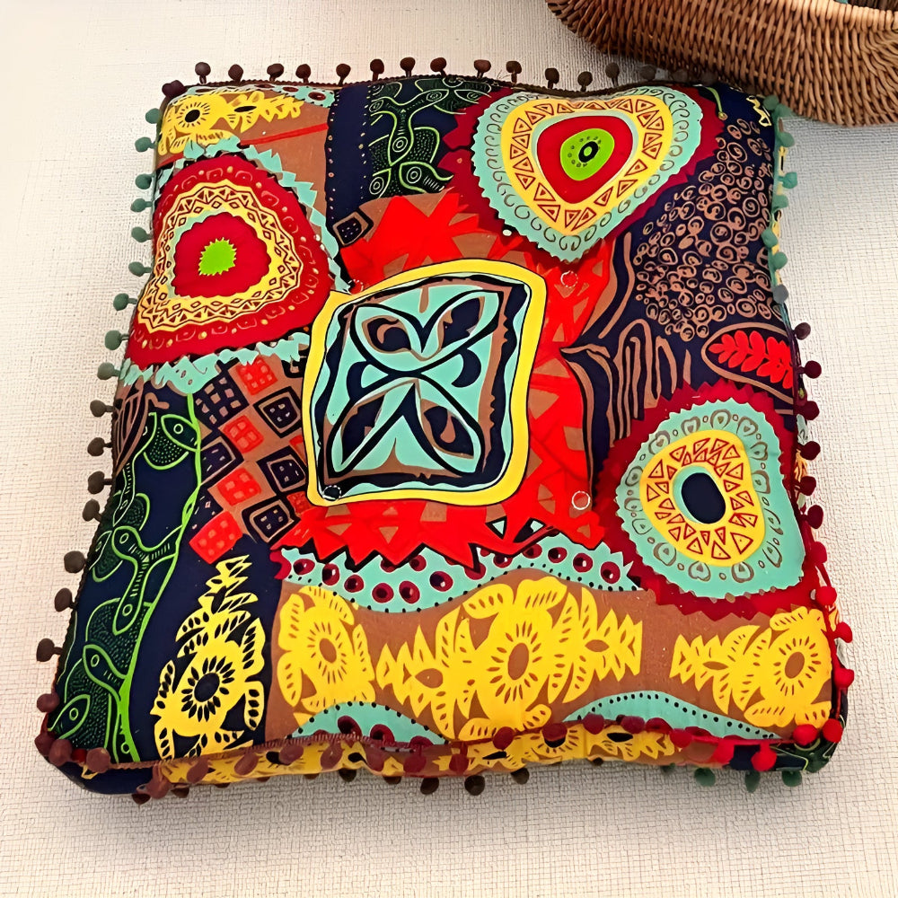 Bohemian Square Floor Cushion with Pom-Pom Edges