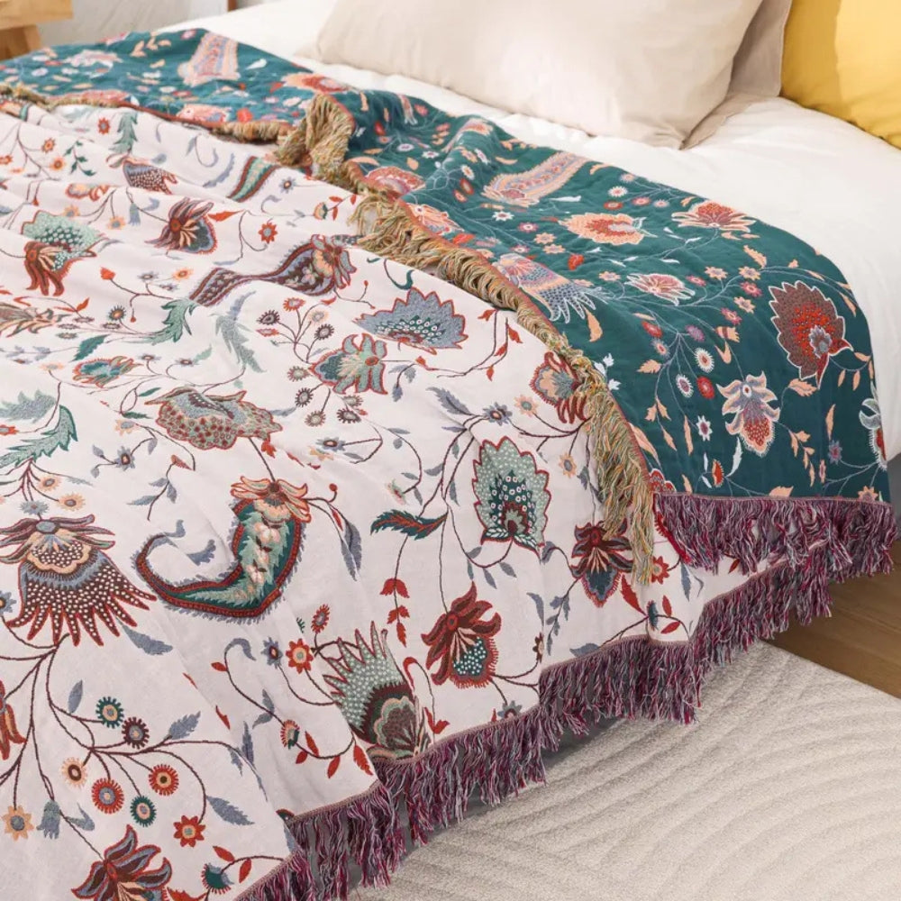 Reversible Floral Cotton Blanket with Tassels