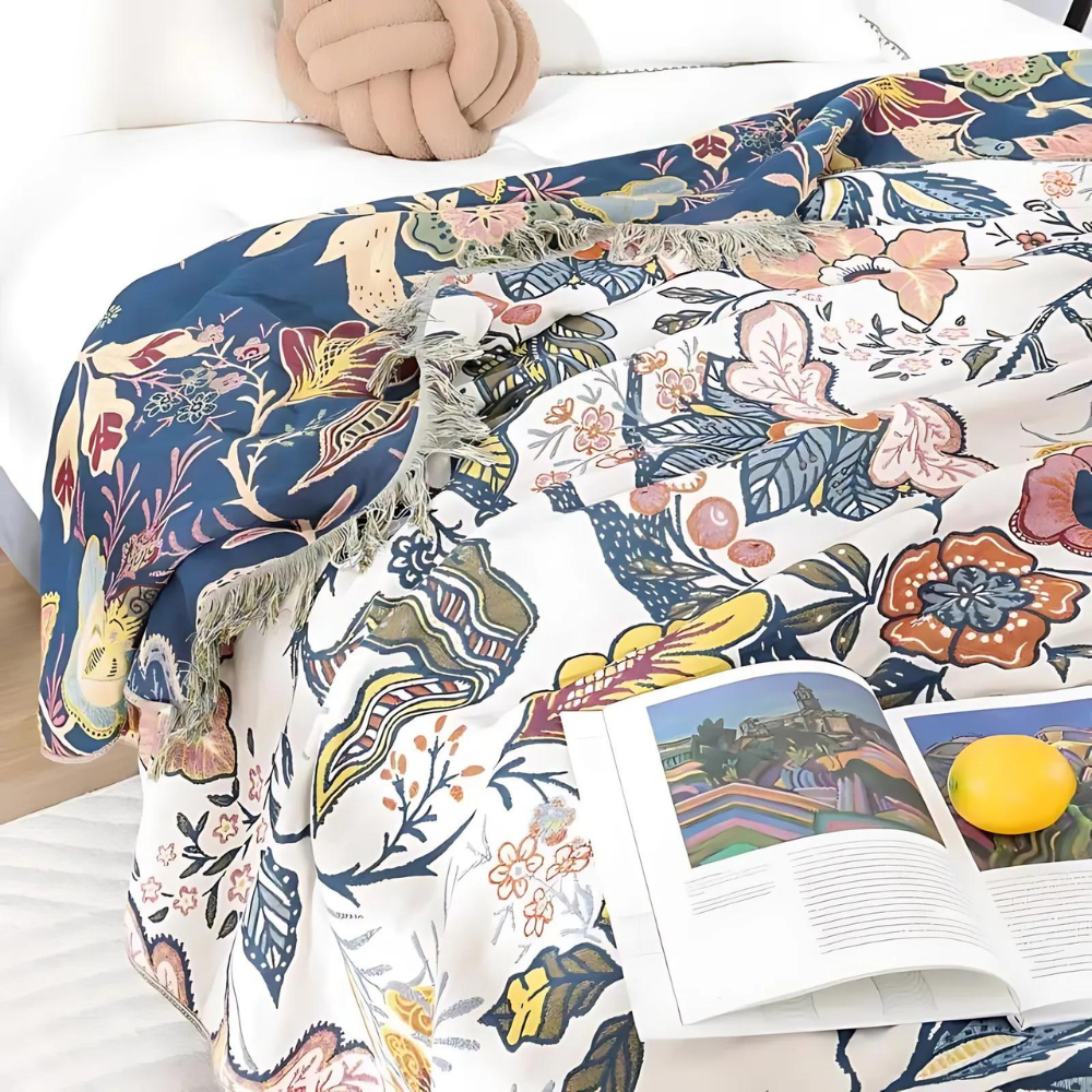 Reversible Floral Cotton Throw Blanket with Tassels