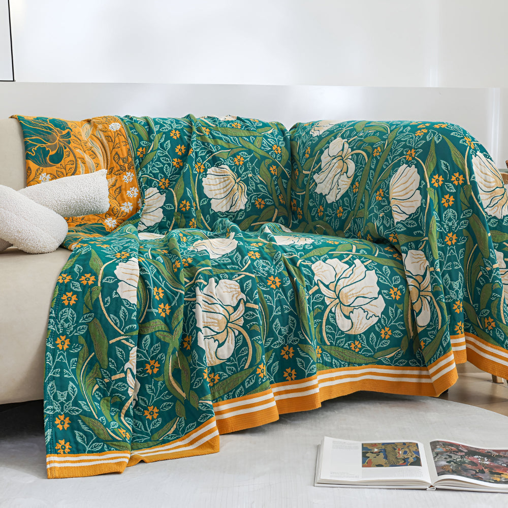 Botanical Green Cotton Blanket with Golden Border