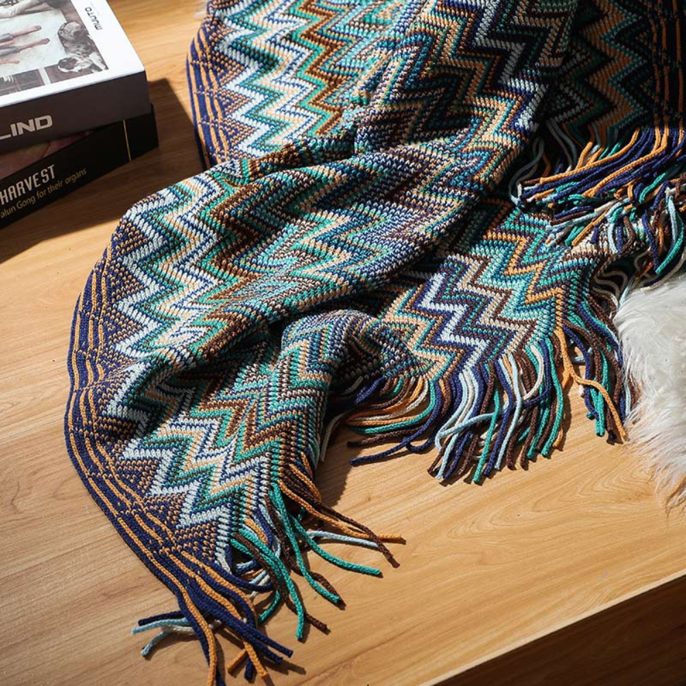 Multicolor Boho Zigzag Knit Throw Blanket with Tassels