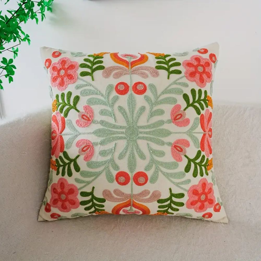 Embroidered Floral Microfiber Cushion Cover