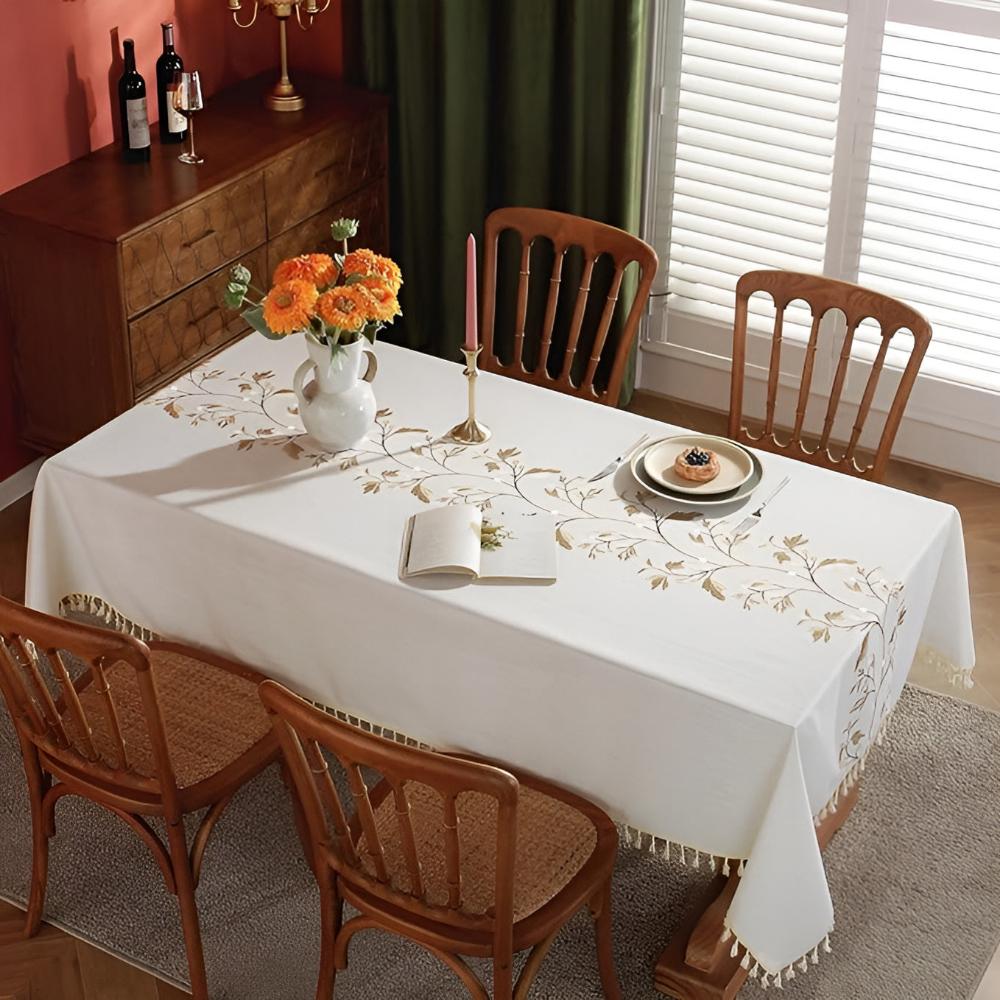 Embroidered Floral Cotton-Linen Tablecloth with Tassels