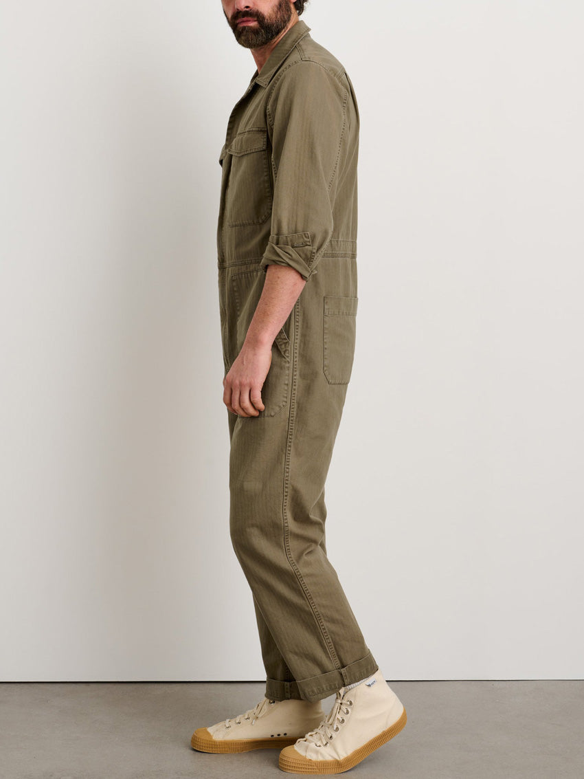 Men's Slim Fit Military Zip Jumpsuit in Cotton Herringbone