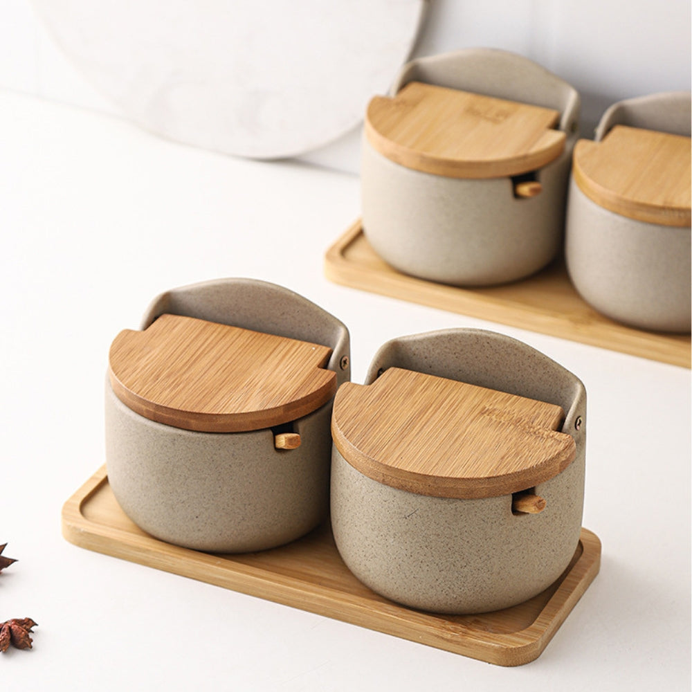 Ceramic Spice Jar Set with Bamboo Lids and Tray