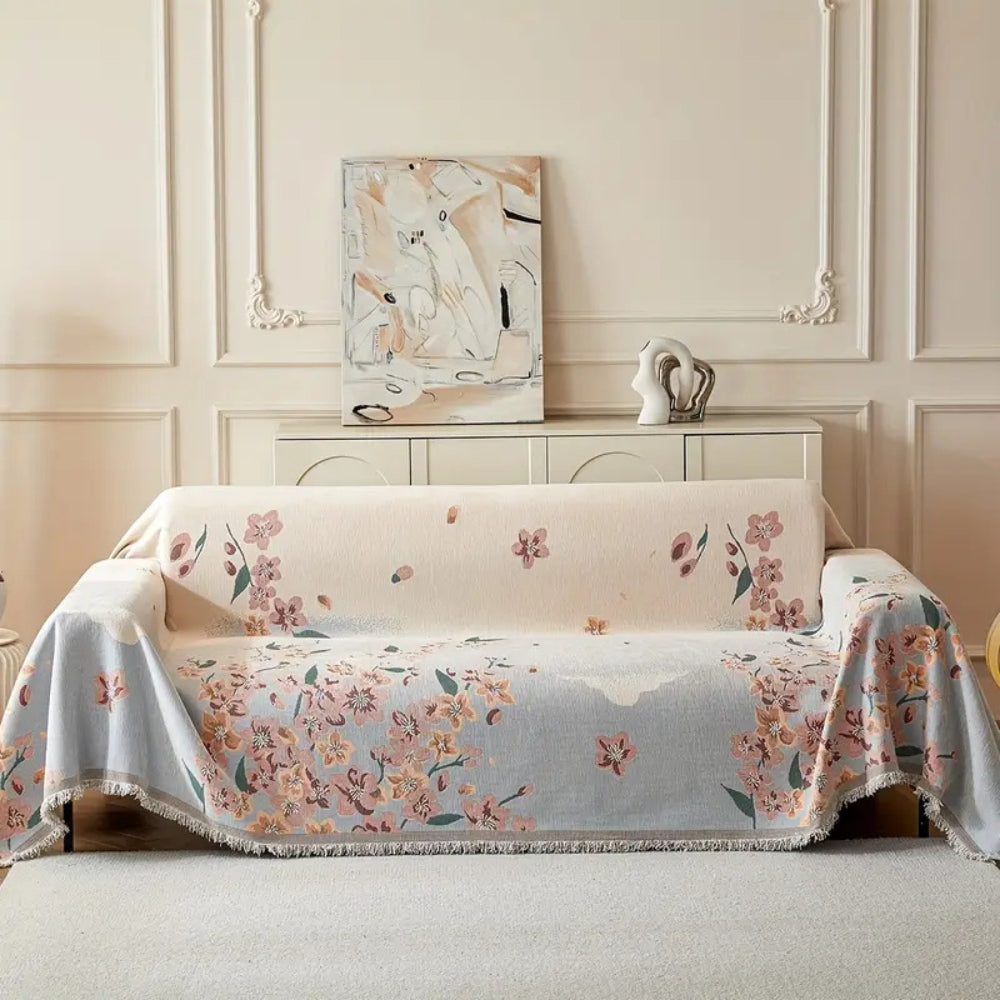 Reversible Floral Chenille Sofa Cover with Tassels