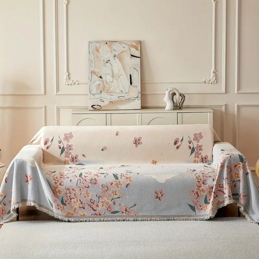 Reversible Floral Chenille Sofa Cover with Tassels