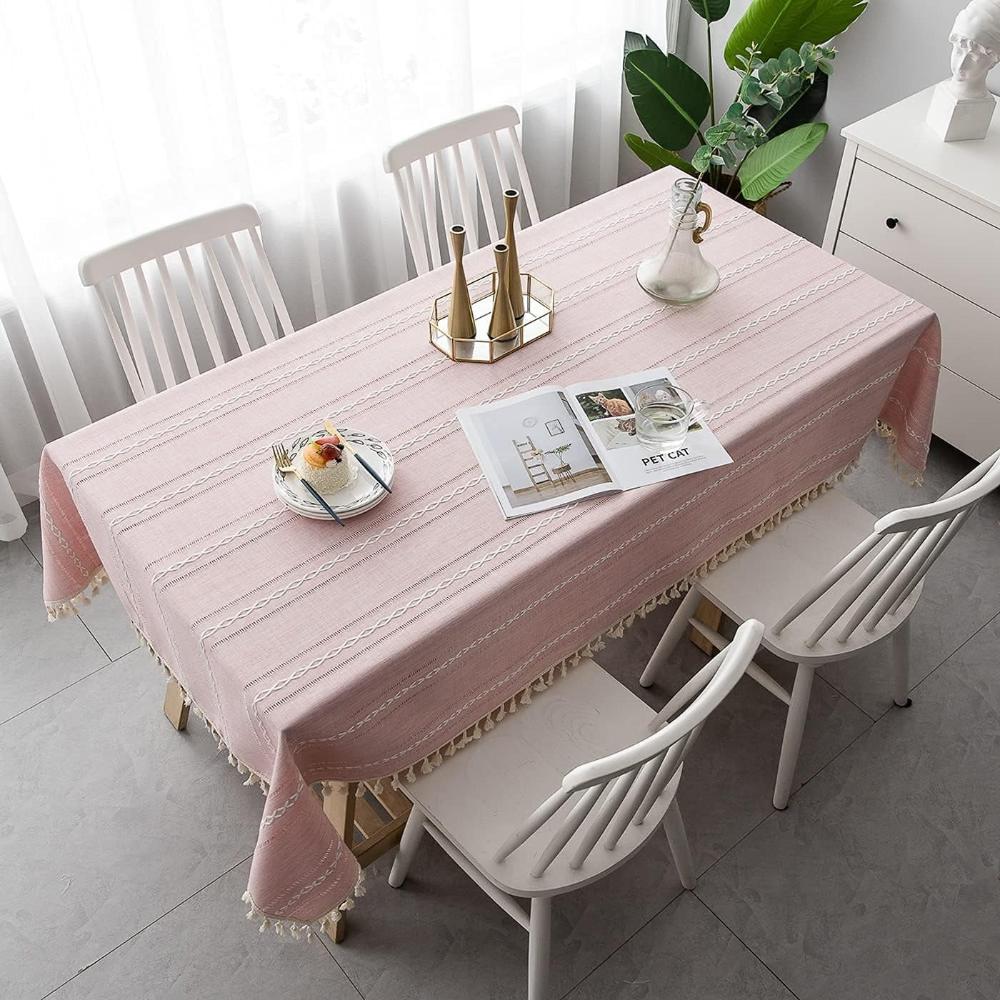 Elegant Striped Cotton Linen Tablecloth with Embroidery and Tassel Lace