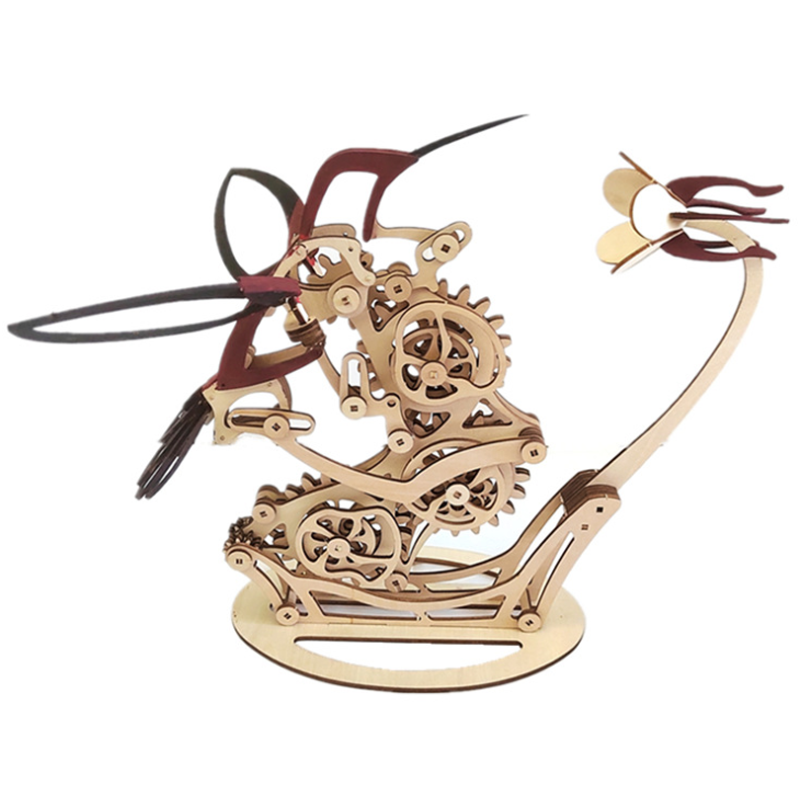 Wooden Kinetic Hummingbird Sculpture with Flapping Wings