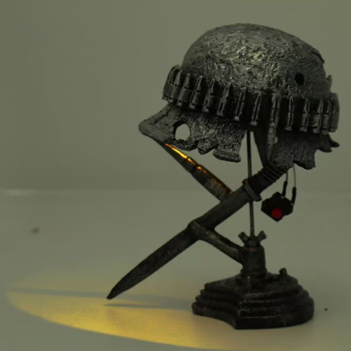 Vintage Steel Military Helmet Table Lamp with LED Flame Effect