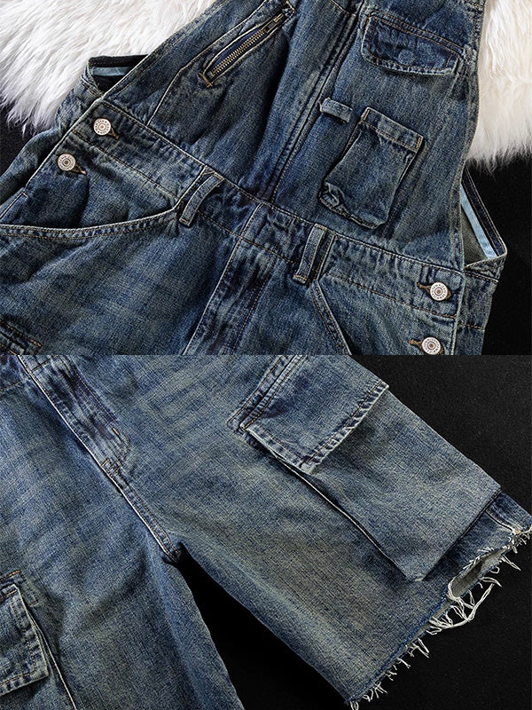 Vintage-Inspired Denim Overall Shorts with Adjustable Straps