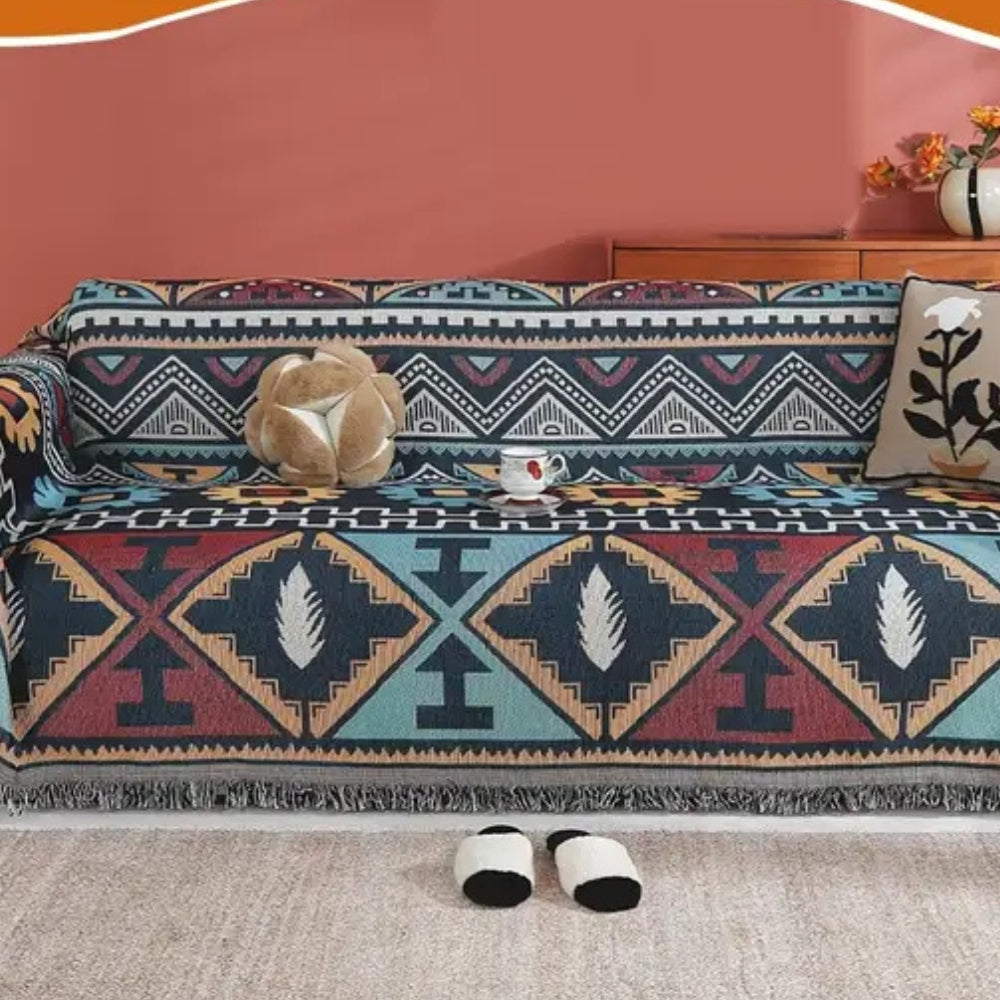 Aztec Geometric Microfiber Sofa Cover with Tassels