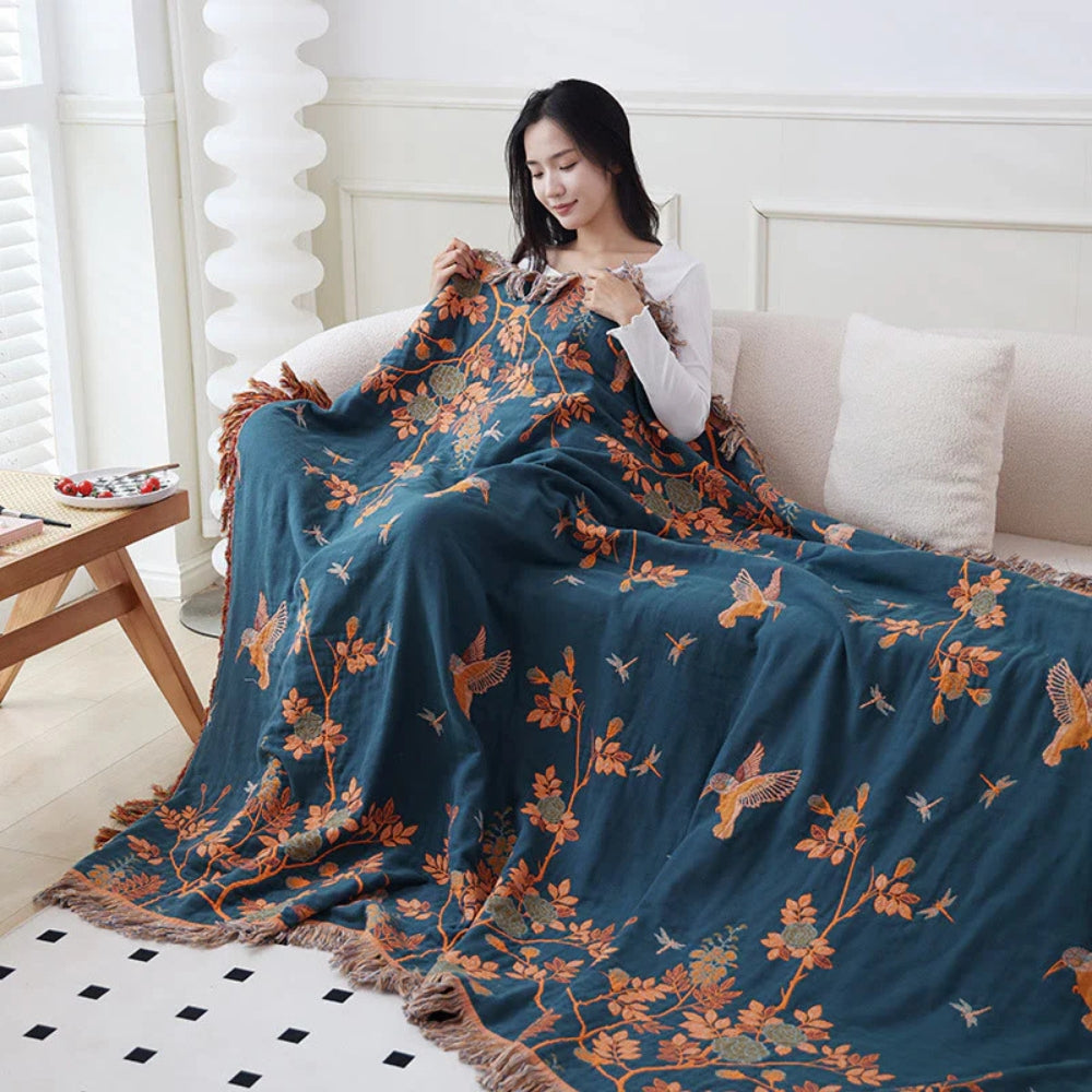 Ornate Jacquard Cotton Blanket with Tasseled Edges
