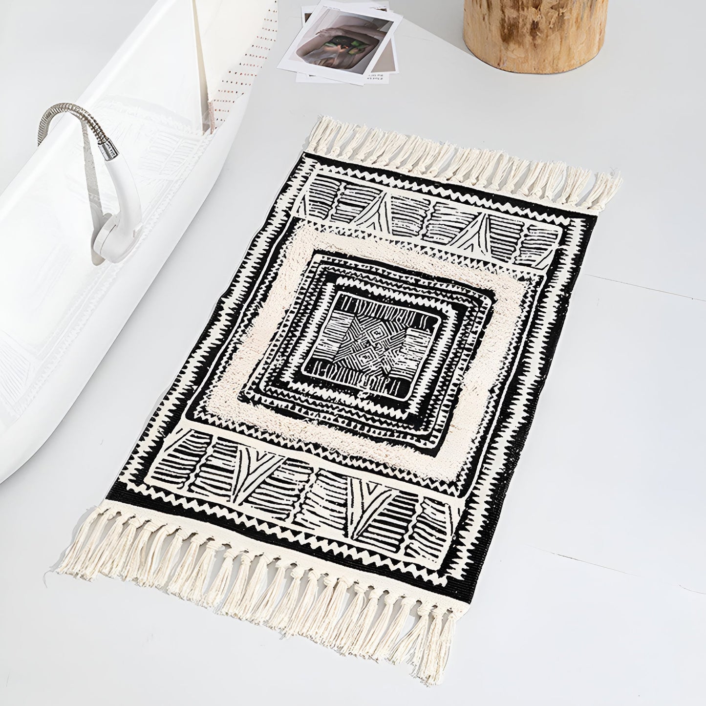 Boho Black and White Geometric Tassel Floor Mat