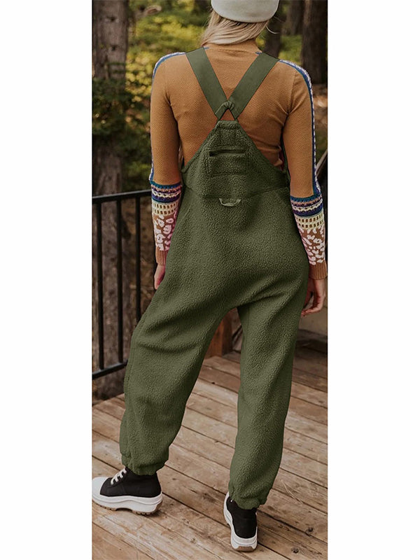 Women's Fleece Thermal Overalls with Adjustable Straps and Zippered Pockets