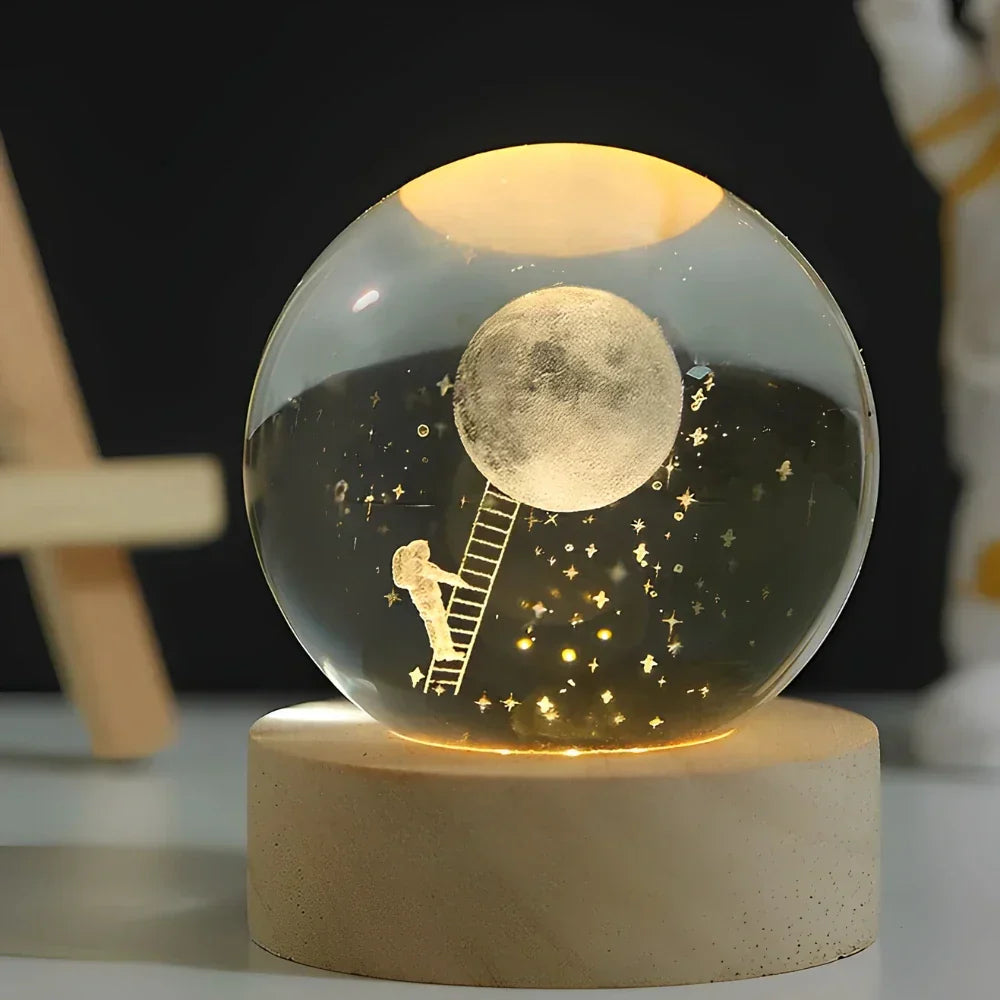 LED Night Light with 3D Crystal Sphere and Wooden Base
