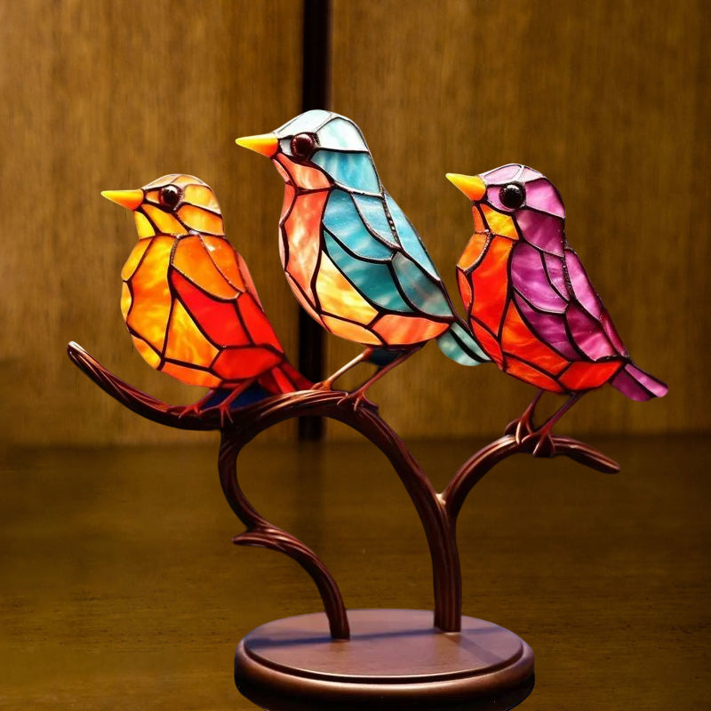Colorful Glass Bird Ornaments on Branch
