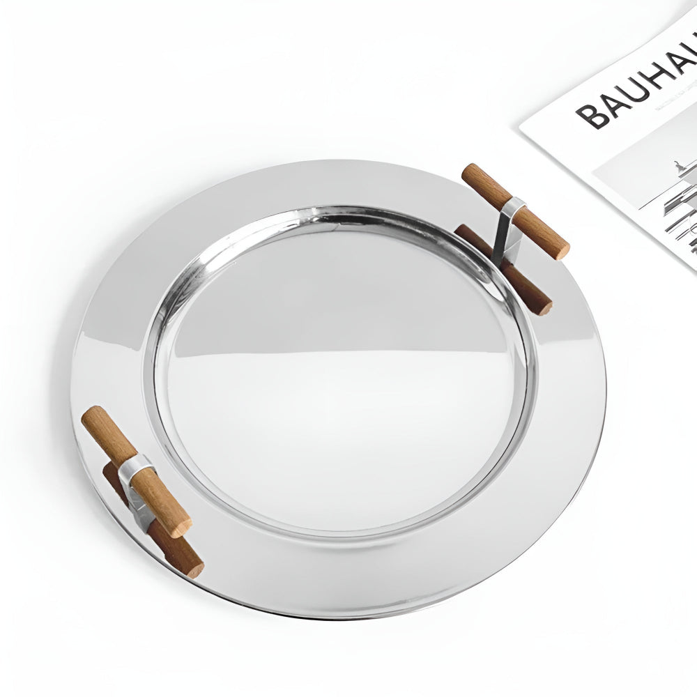 Stainless Steel Round Serving Tray with Wooden Handles