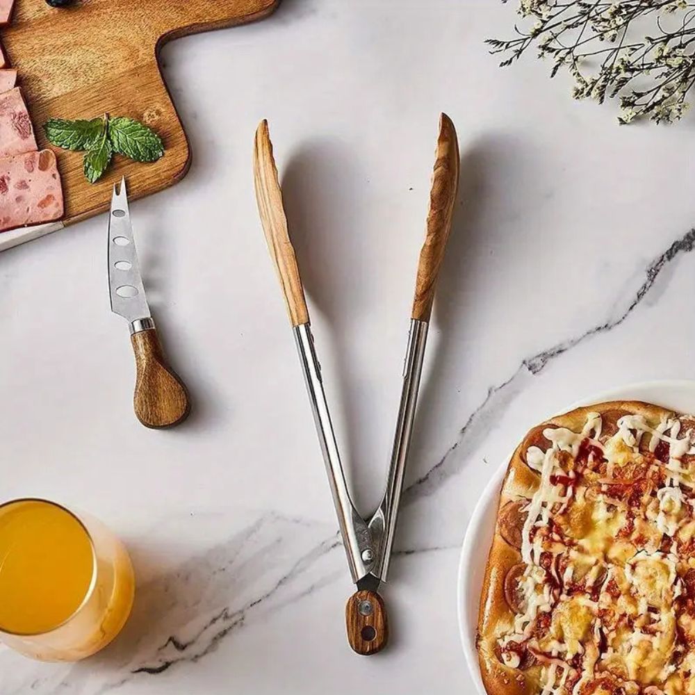 Wood and Steel Kitchen Tongs with Ergonomic Grip