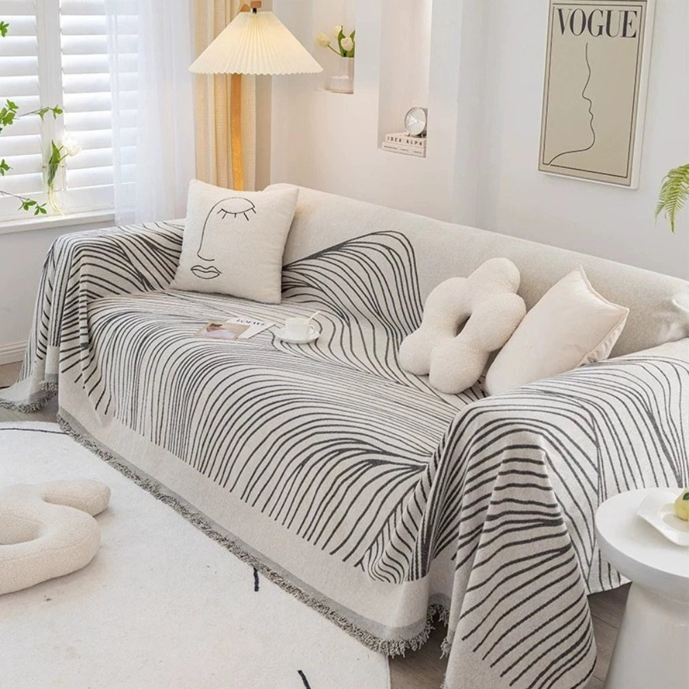 Chenille Wave Pattern Sofa Cover with Tassels