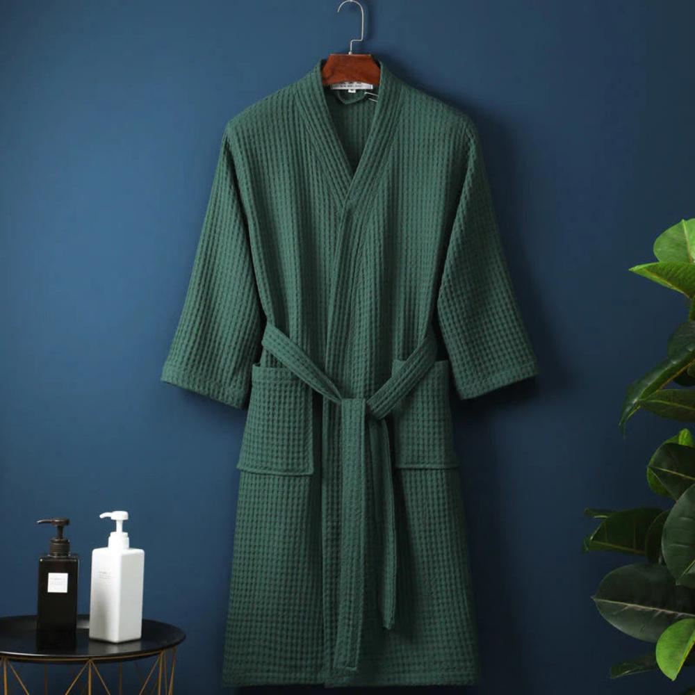 Waffle V-neck Cotton Bathrobe with Pockets