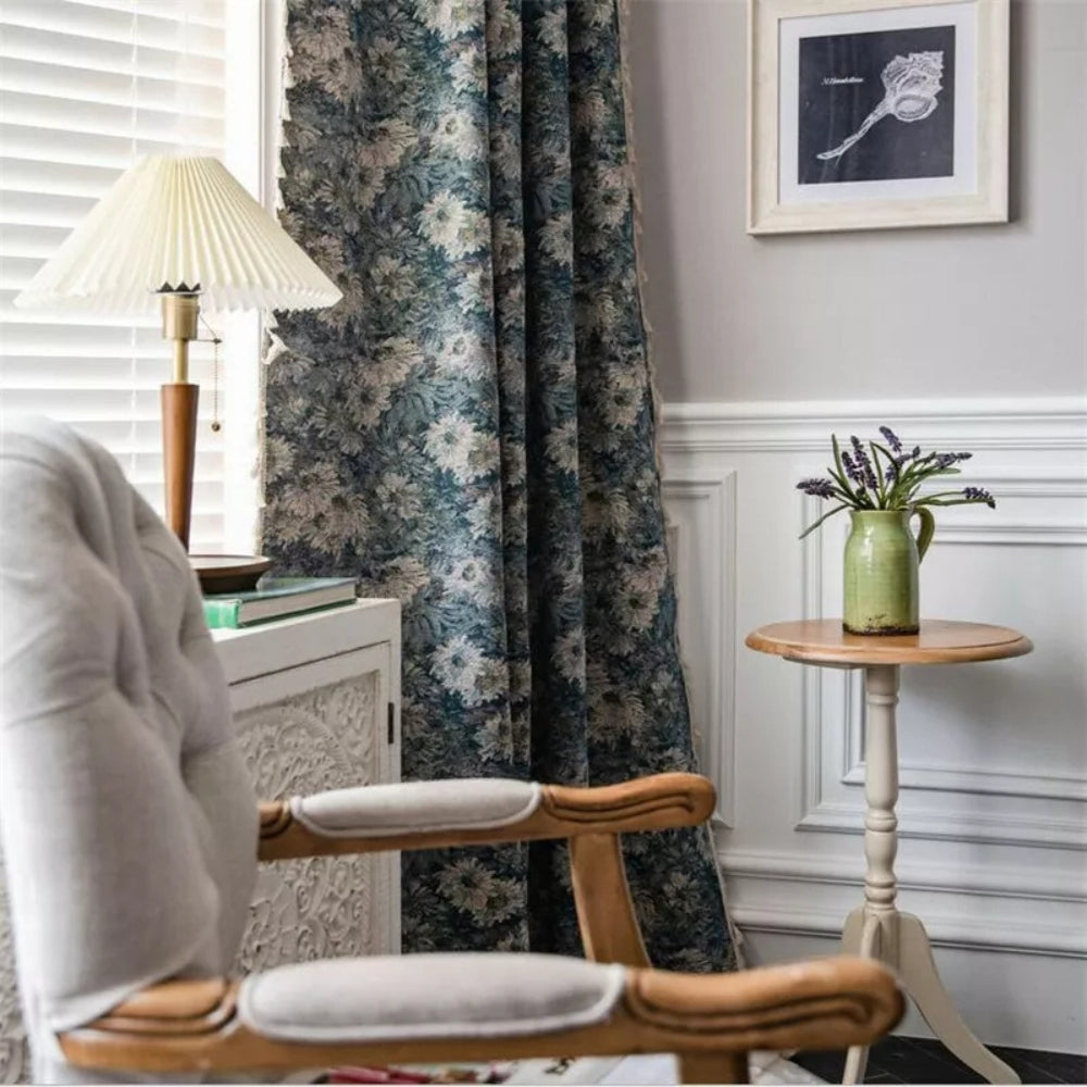 Navy Floral Tassel Curtains for Boho Decor