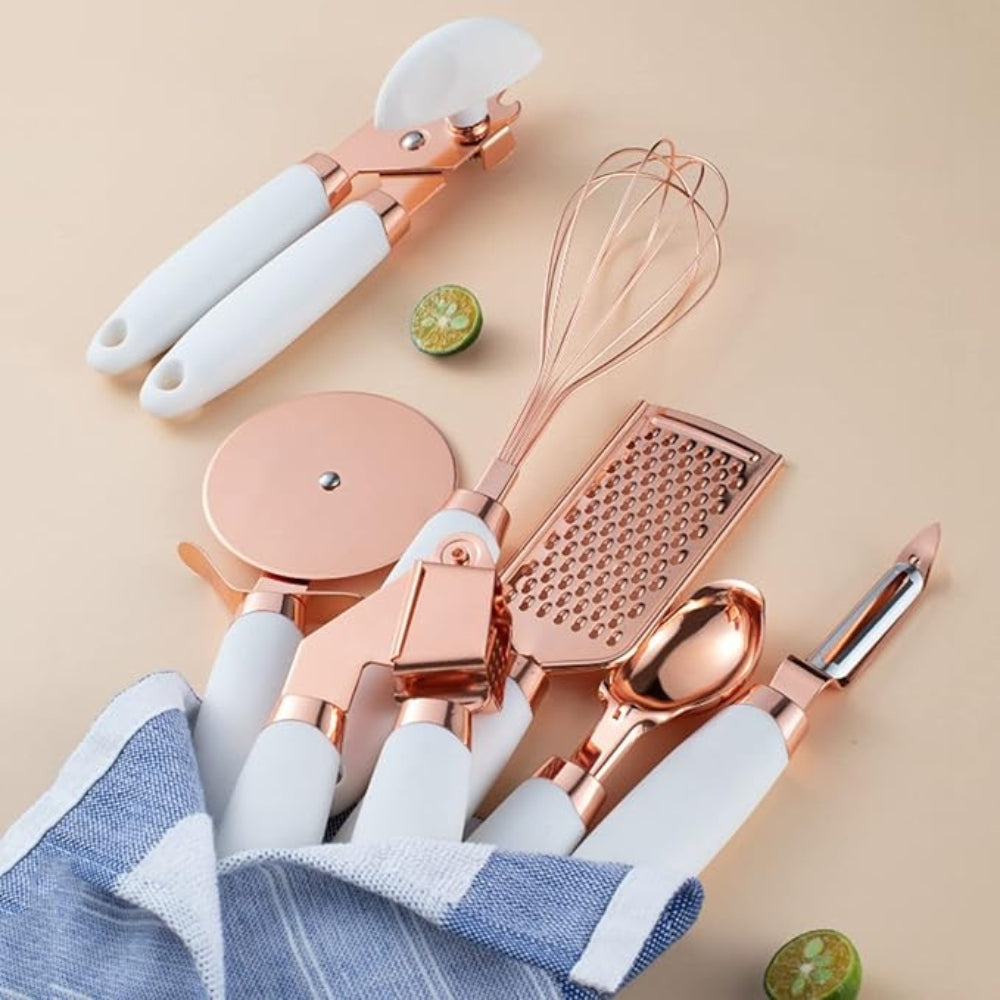Rose Gold Stainless Steel Cooking Utensil Set with Silicone Handles