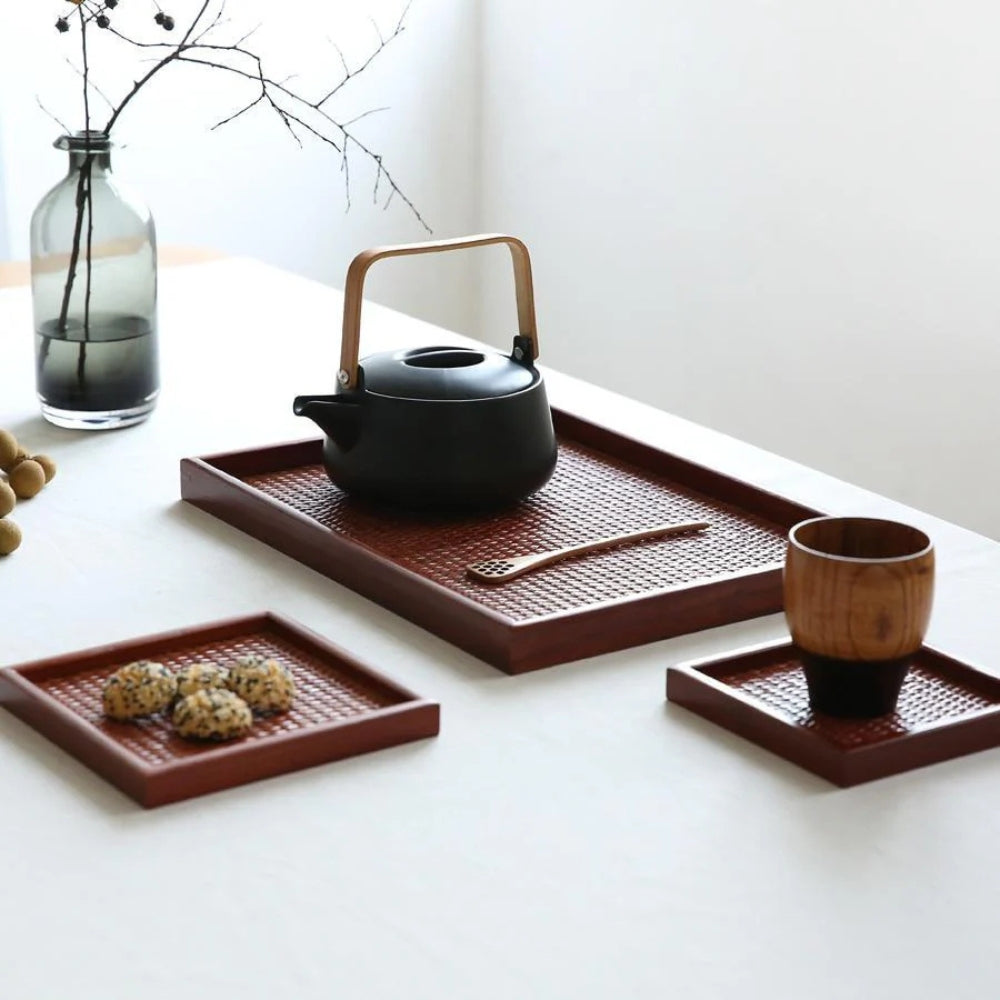 Rattan-Inspired Wooden Tea Tray Set