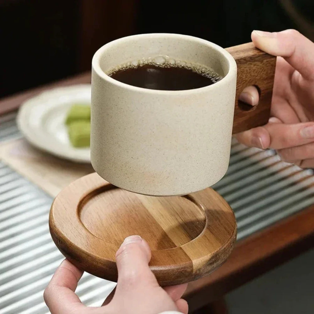 Modern Ceramic Mug with Wooden Handle