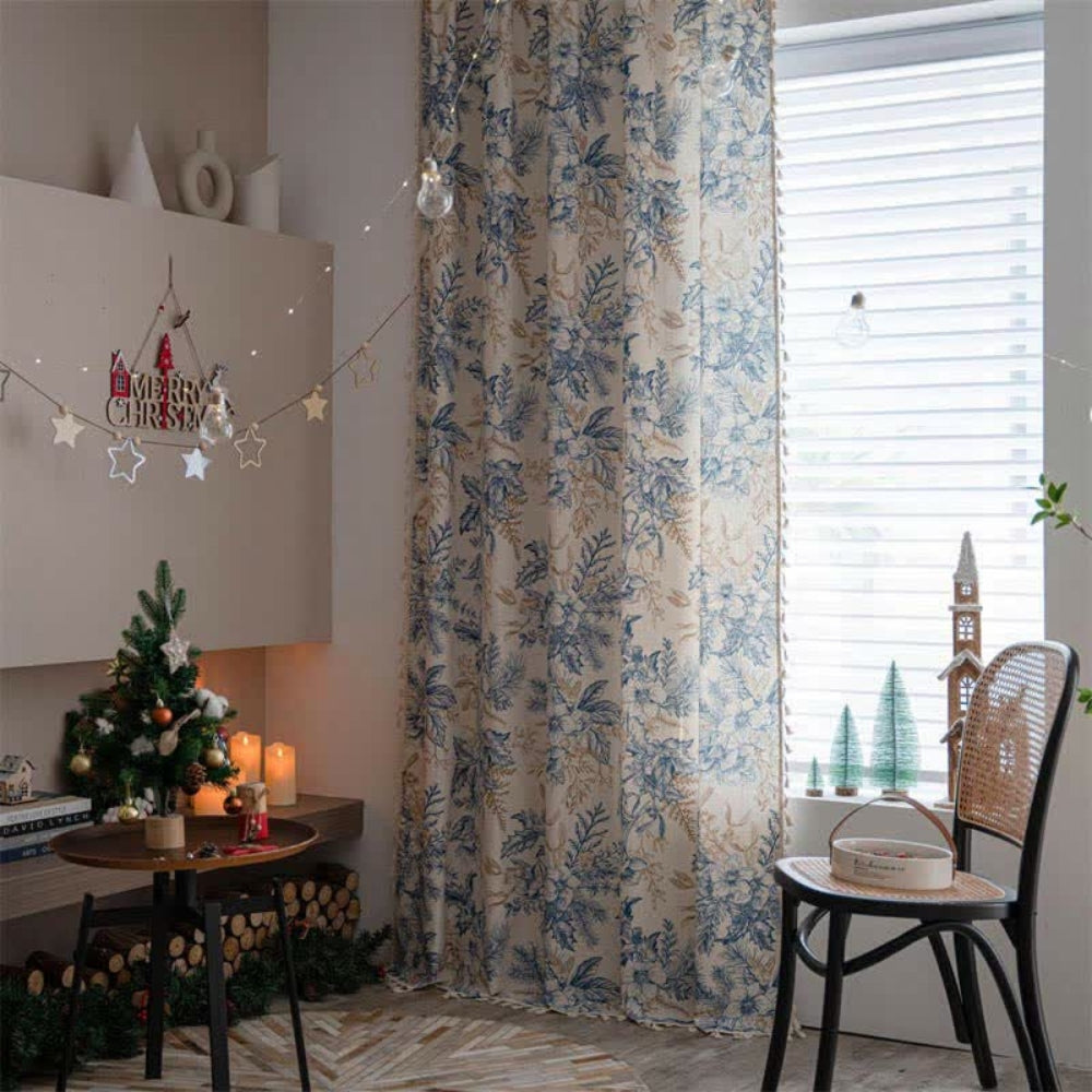 Blue Floral Semi-Blackout Curtain in Cotton-Linen Blend