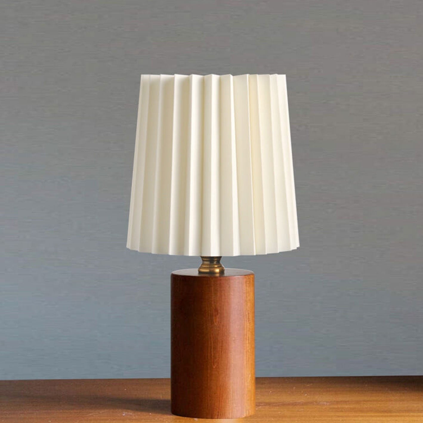 Vintage Korean Pleated Table Lamp with Solid Wood Base