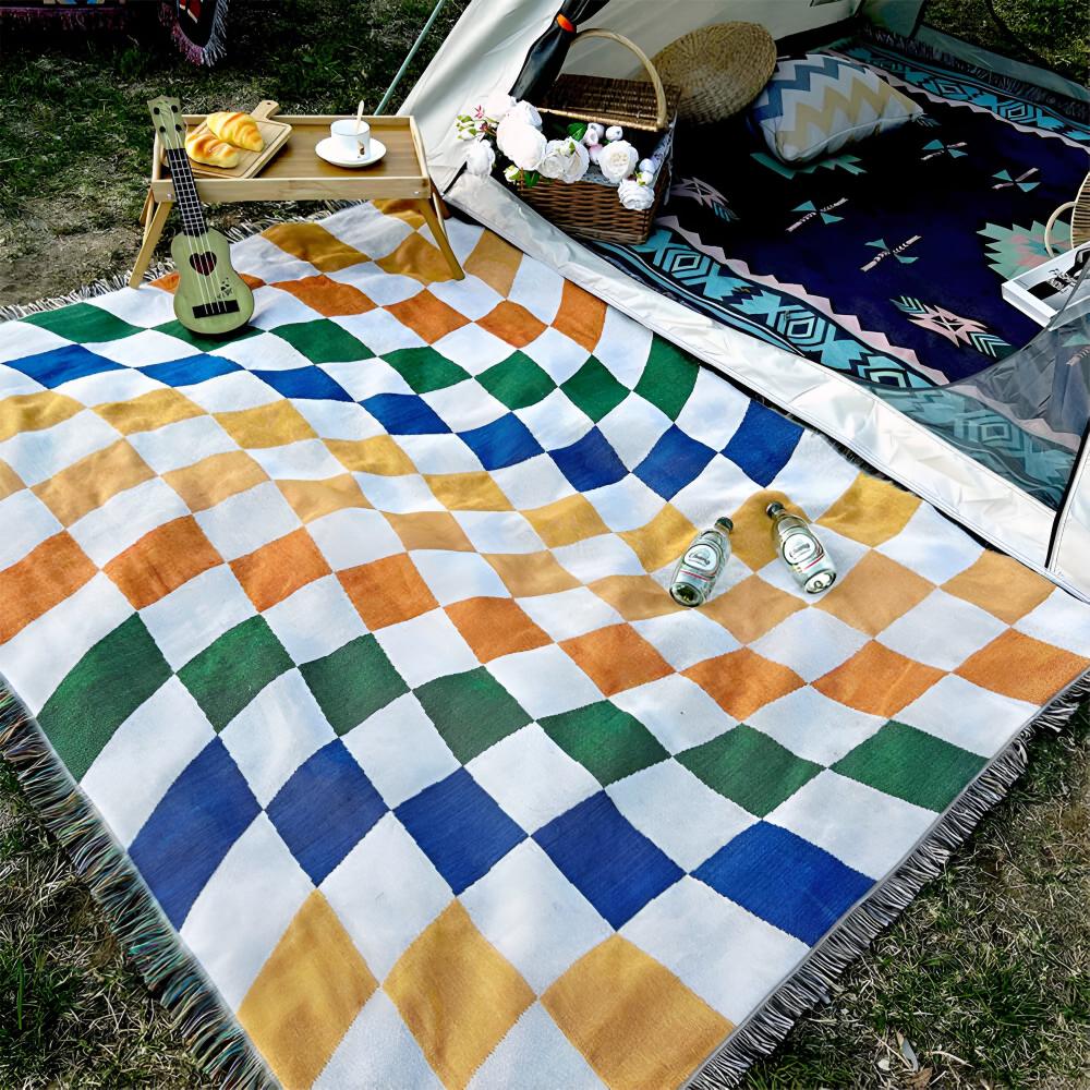 Colorful Checkerboard Tassel Throw Blanket