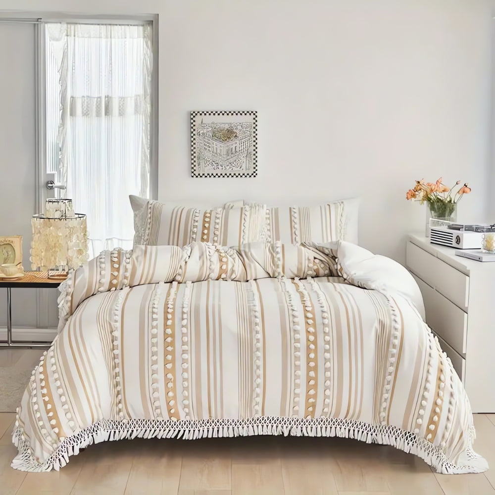 Soft Stripe Tassel Duvet Set - Cotton Microfiber Blend