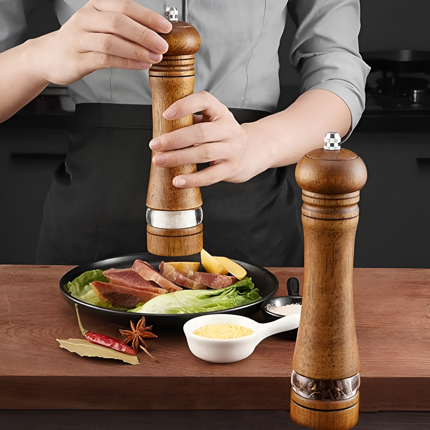Rustic Oak Salt and Pepper Grinder Set with Adjustable Coarseness