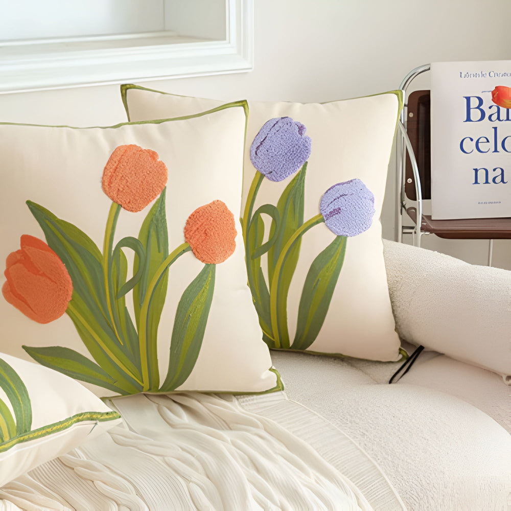 Boho-Chic Floral Embroidered Cotton Cushion Cover