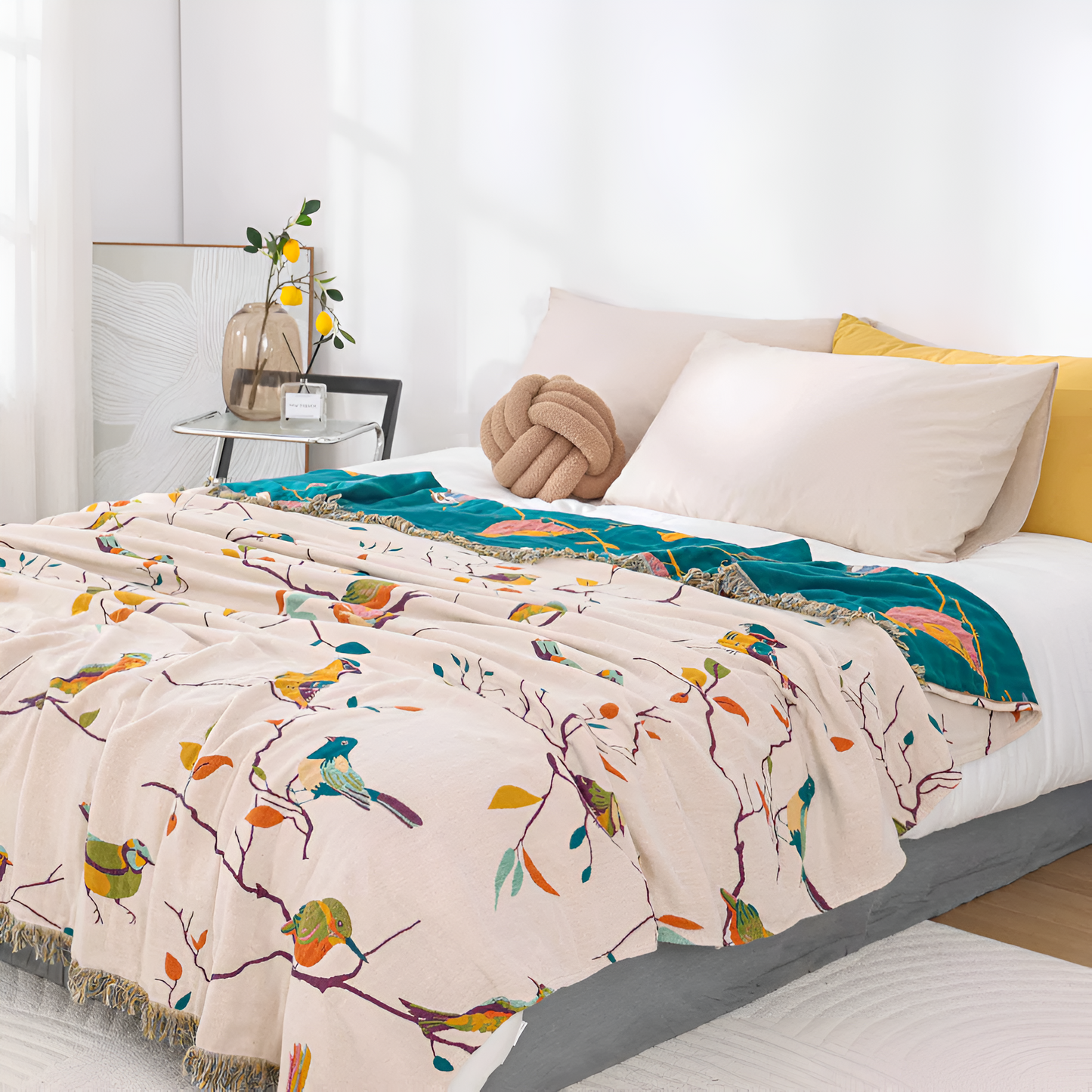 Whimsical Bird Cotton Blanket with Tassels