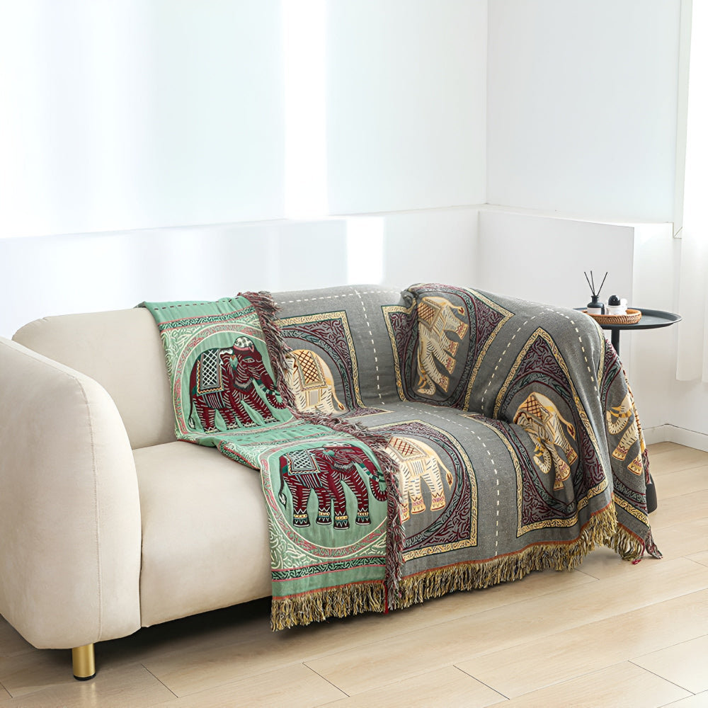 Elephant Print Cotton Gauze Tassel Blanket