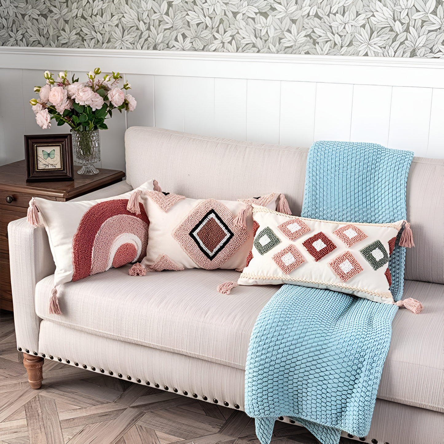 Tufted Cotton Rainbow Geometric Cushion Cover