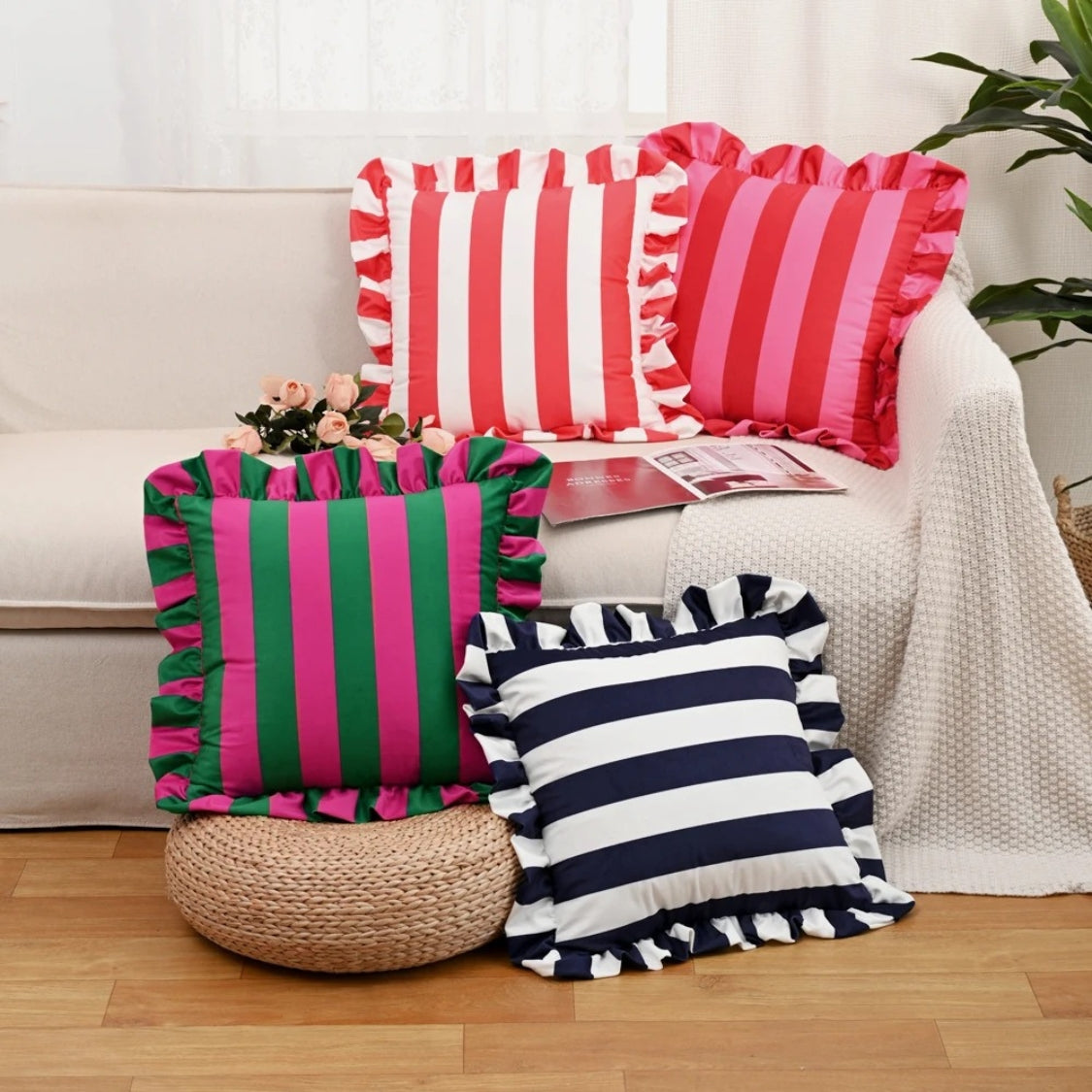 Striped Ruffle Cushion Cover in Soft Microfiber