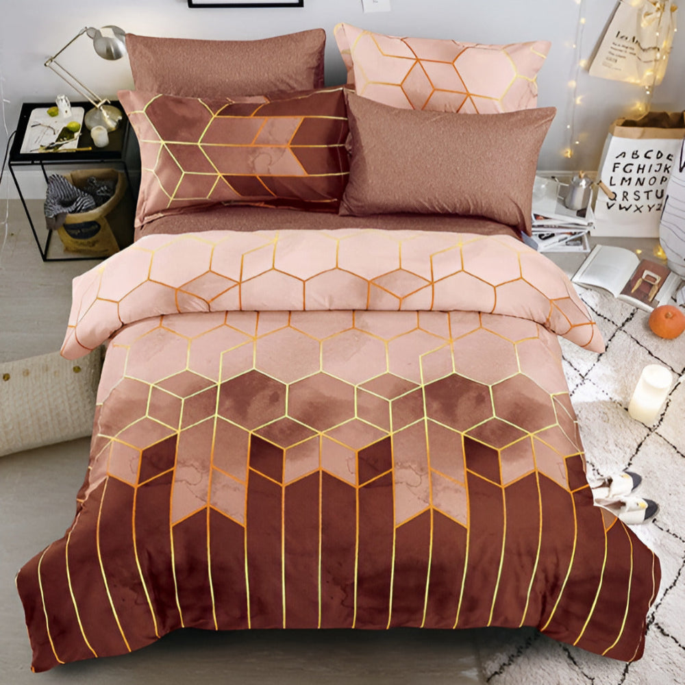 Golden Cosmo Hive Duvet Cover Set with Geometric Design - 3 Pieces